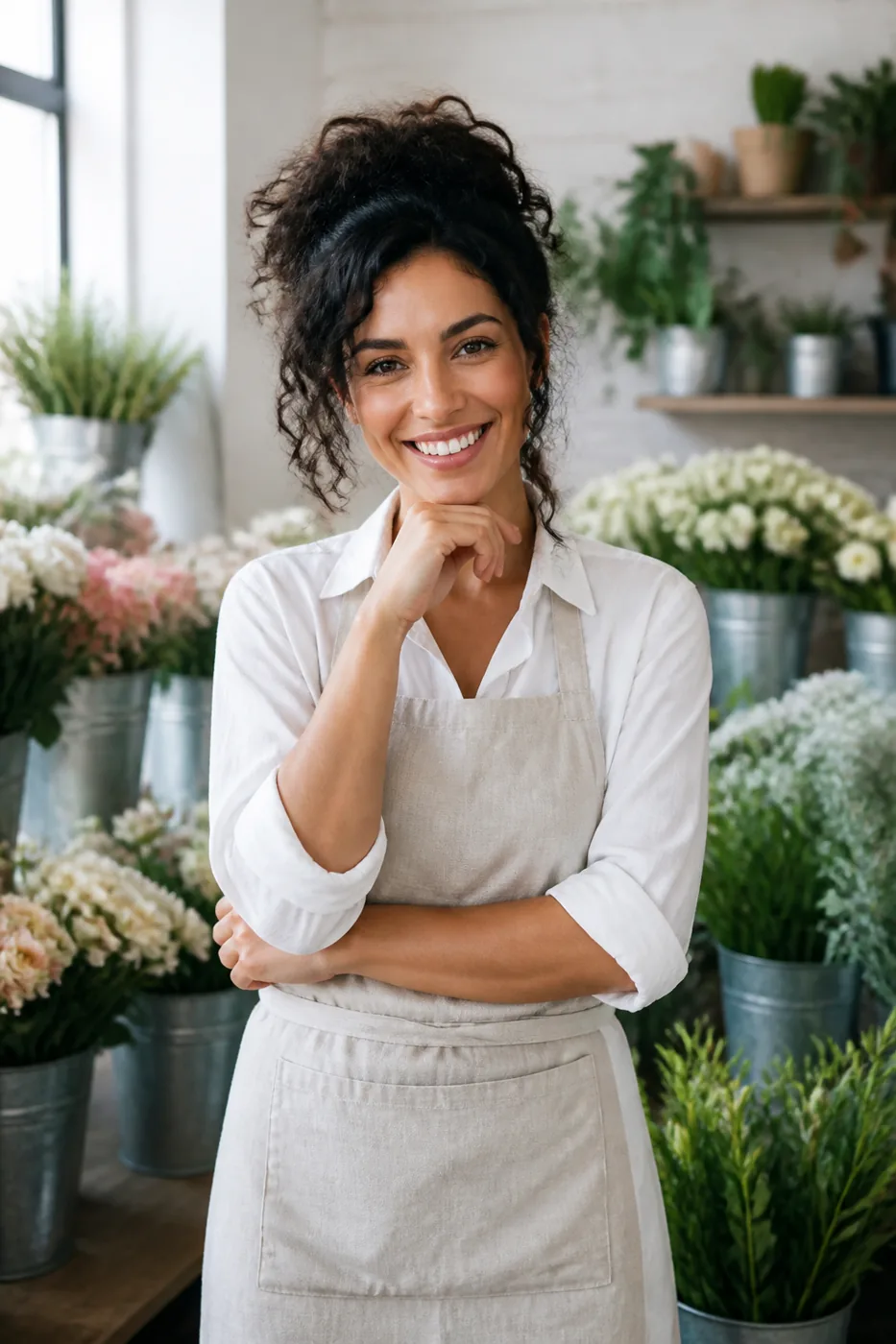 Smiling local florist in her flower shop
